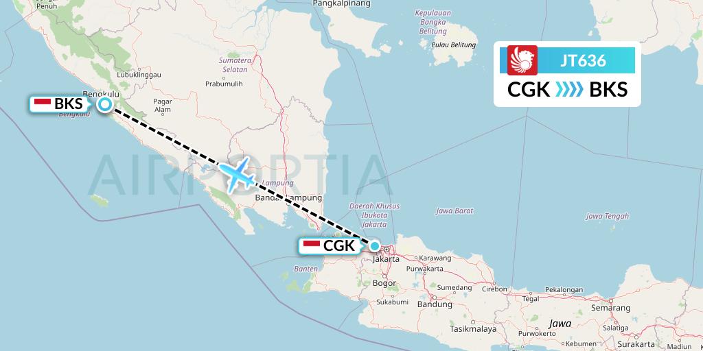 JT636 Lion Airlines Flight Map: Jakarta to Bengkulu