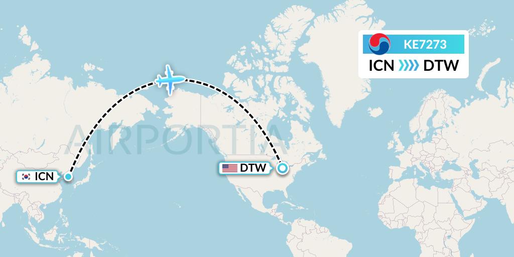 KE7273 Korean Air Flight Map: Seoul to Detroit