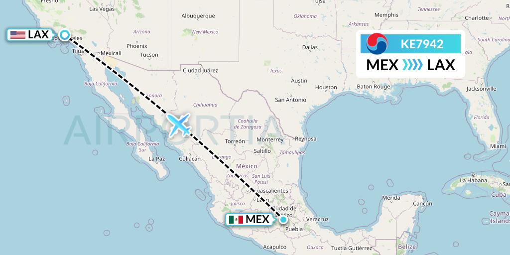 KE7942 Korean Air Flight Map: Mexico City to Los Angeles