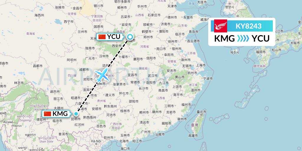 KY8243 Kunming Airlines Flight Map: Kunming to Yuncheng