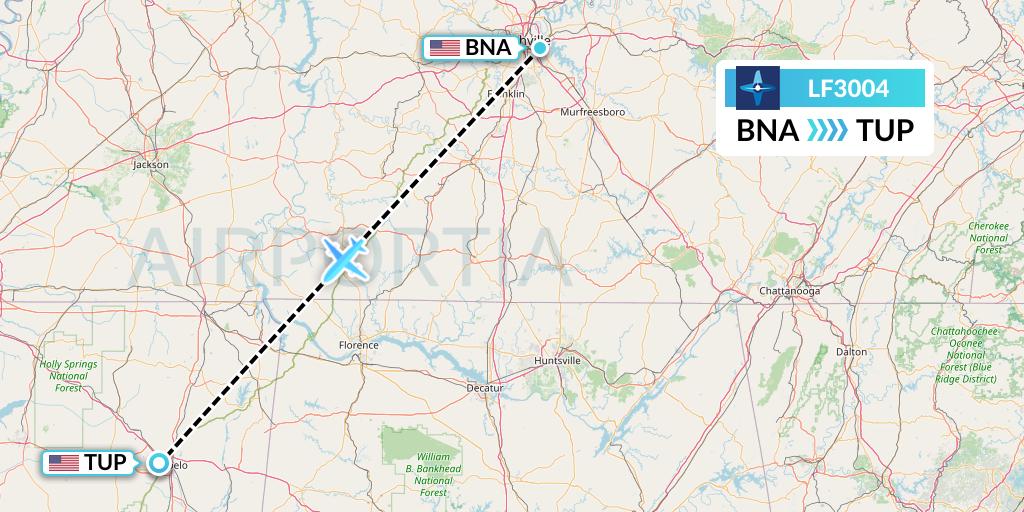 LF3004 Corporate Flight Management Flight Map: Nashville to Tupelo