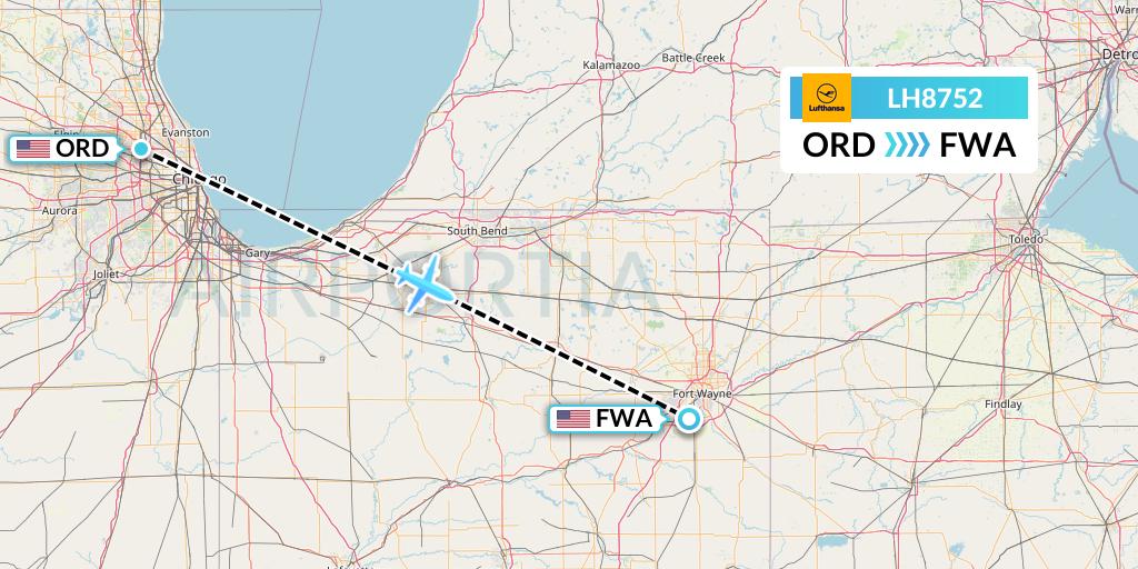 LH8752 Lufthansa Flight Map: Chicago to Fort Wayne