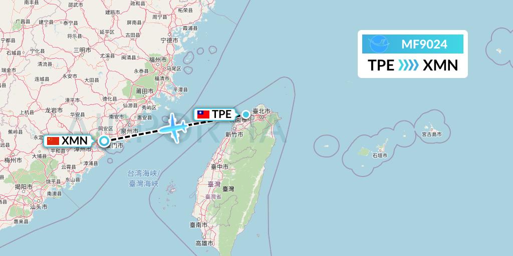 MF9024 Xiamen Airlines Flight Map: Taipei to Xiamen