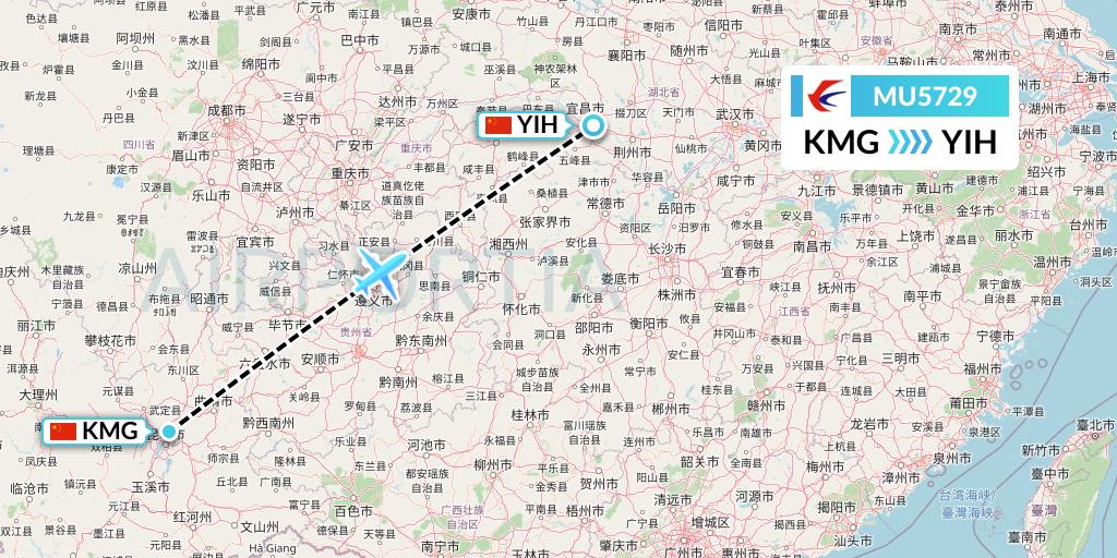 MU5729 China Eastern Airlines Flight Map: Kunming to Yichang
