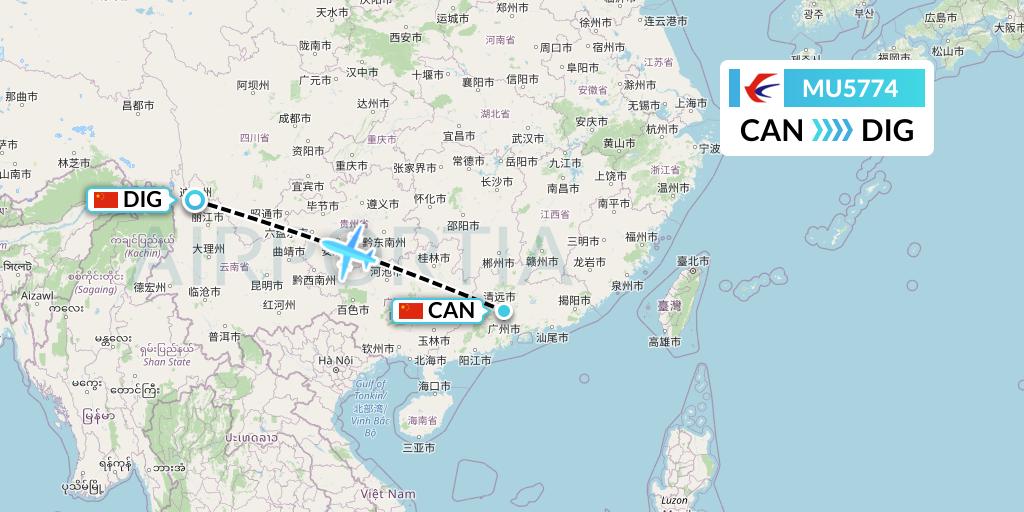 MU5774 China Eastern Airlines Flight Map: Guangzhou to Shangri-La
