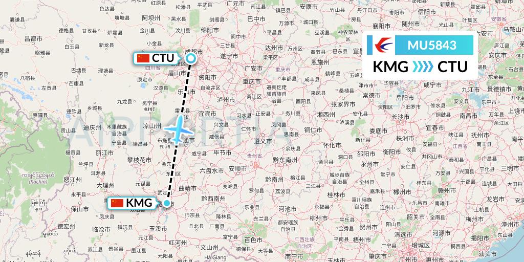 MU5843 China Eastern Airlines Flight Map: Kunming to Chengdu