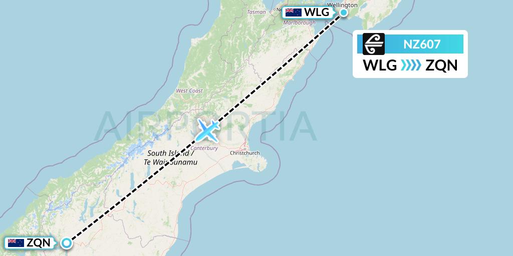 NZ607 Air New Zealand Flight Map: Wellington to Queenstown