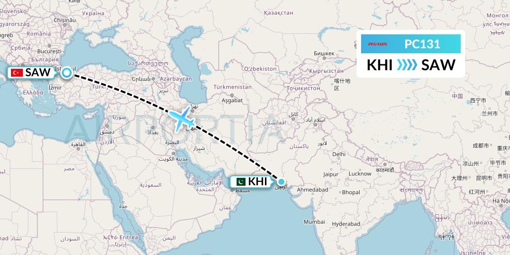 PC131 Pegasus Airlines Flight Map: Karachi to Istanbul