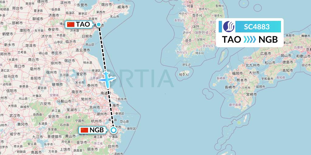 SC4883 Shandong Airlines Flight Map: Qingdao to Ningbo