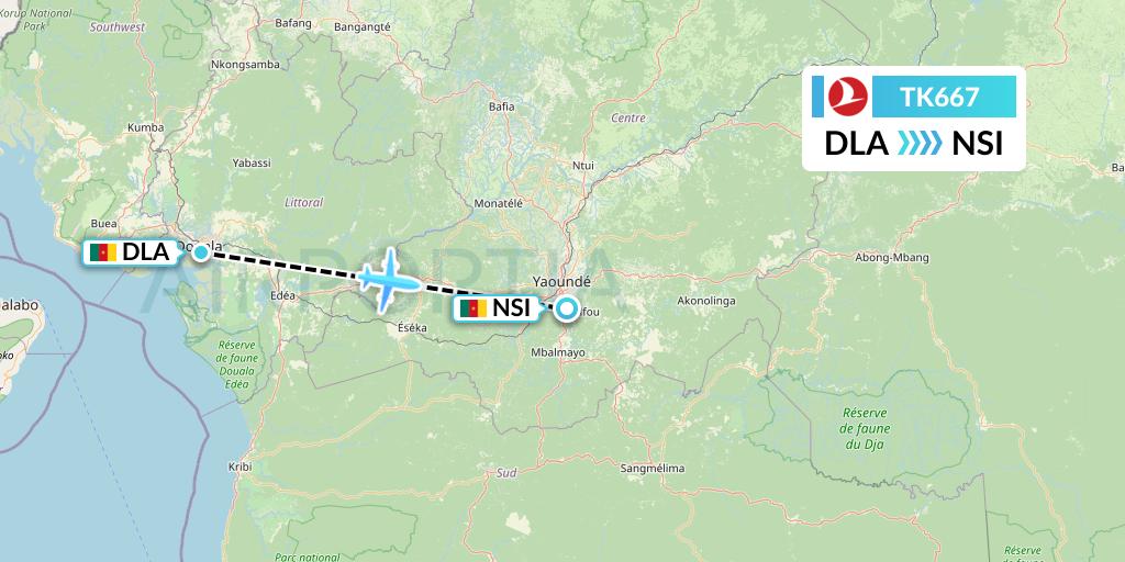 TK667 Turkish Airlines Flight Map: Douala to Yaounde
