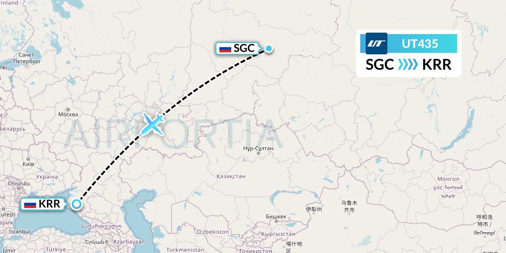 UT435 UTair Flight Map: Surgut to Krasnodar