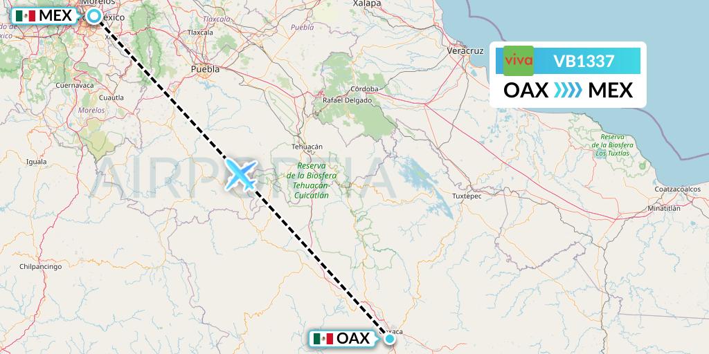 VB1337 VivaAerobus Flight Map: Oaxaca to Mexico City