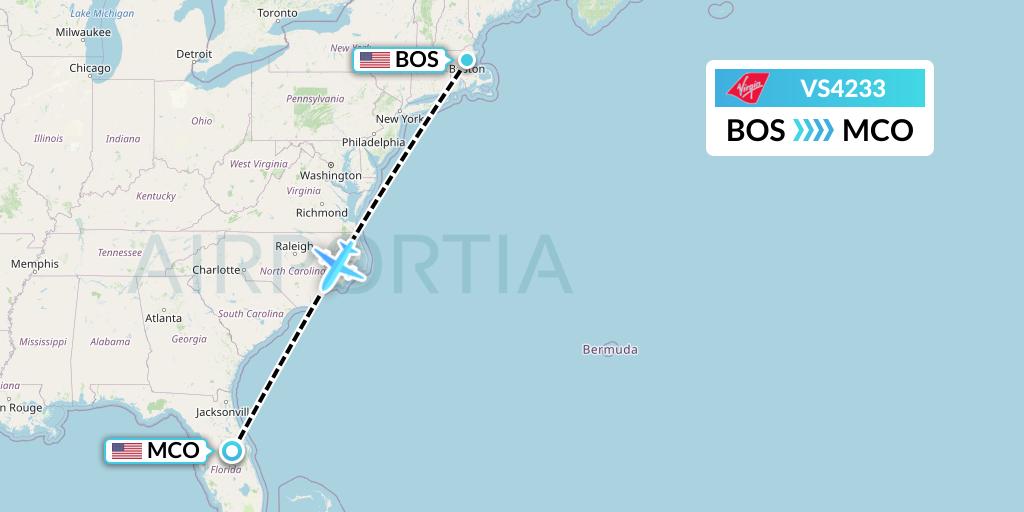 VS4233 Virgin Atlantic Airways Flight Map: Boston to Orlando