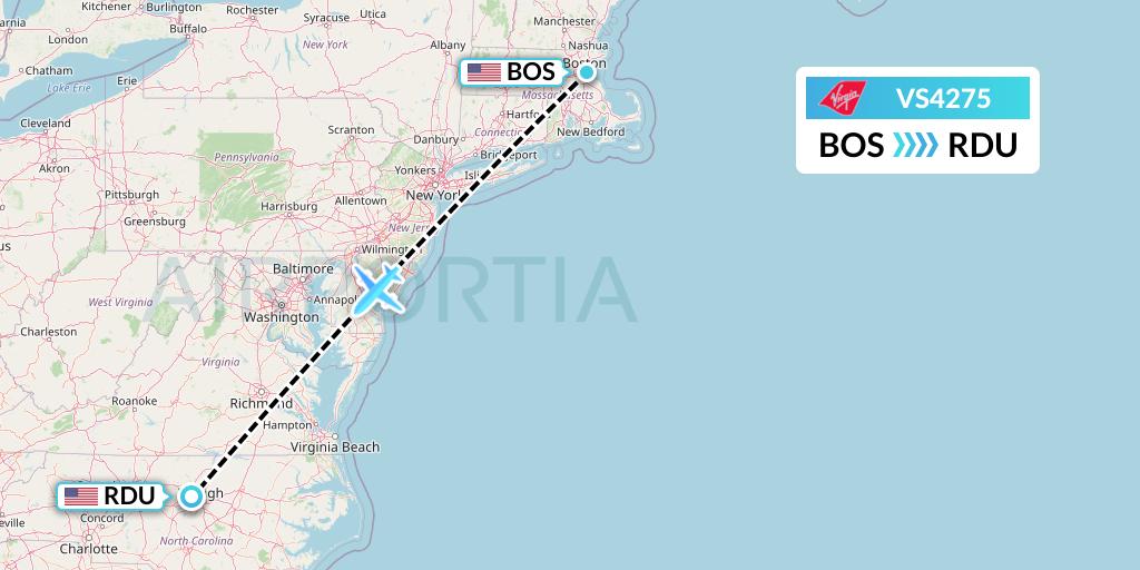 VS4275 Virgin Atlantic Airways Flight Map: Boston to Raleigh-Durham