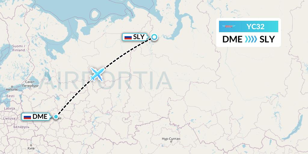 YC32 Yamal Airlines Flight Map: Moscow to Salekhard