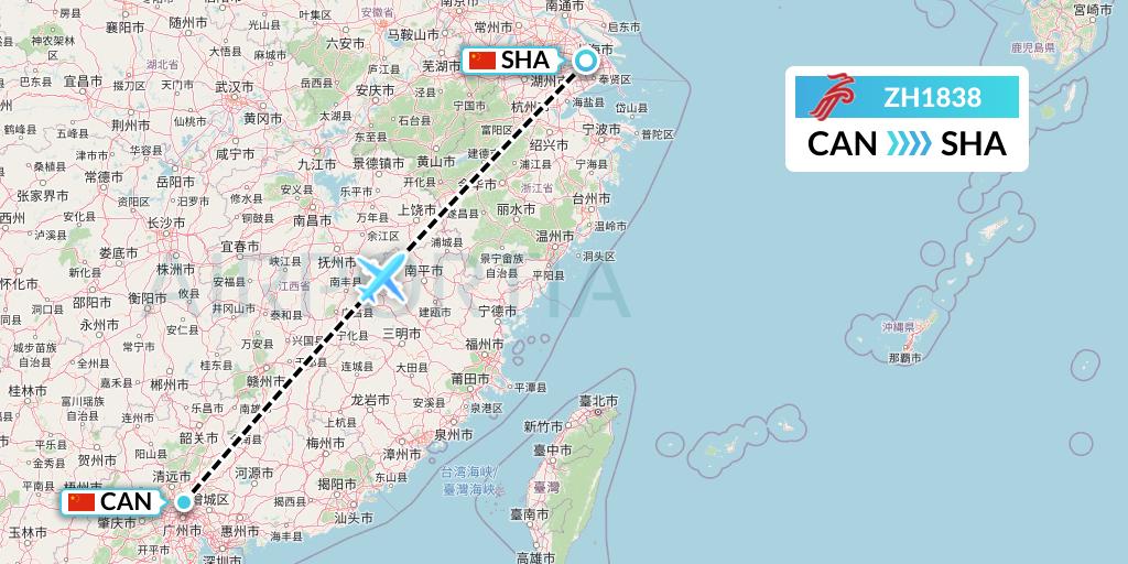 ZH1838 Shenzhen Airlines Flight Map: Guangzhou to Shanghai
