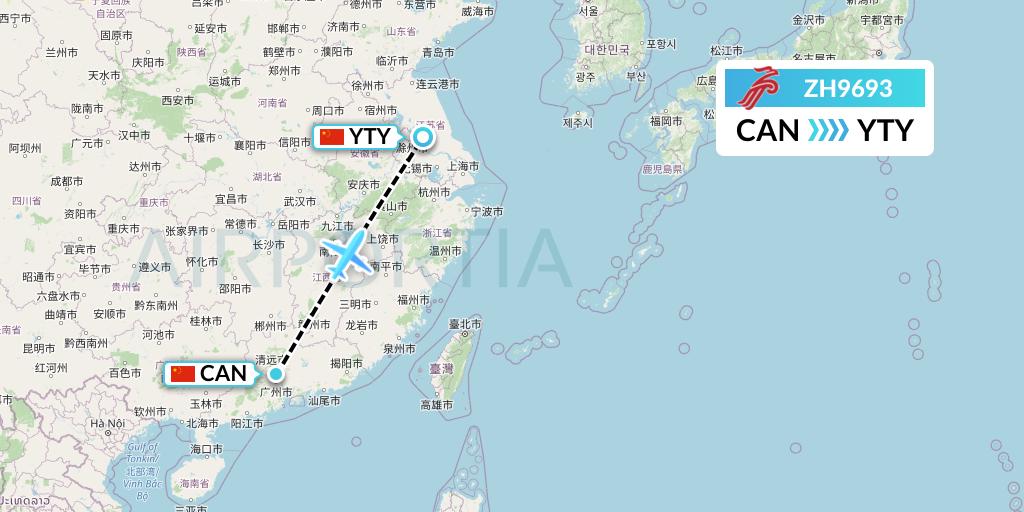 ZH9693 Shenzhen Airlines Flight Map: Guangzhou to Yangzhou