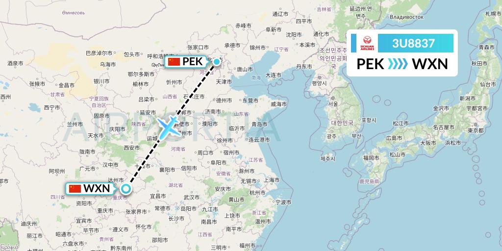 3U8837 Sichuan Airlines Flight Map: Beijing to Wanzhou