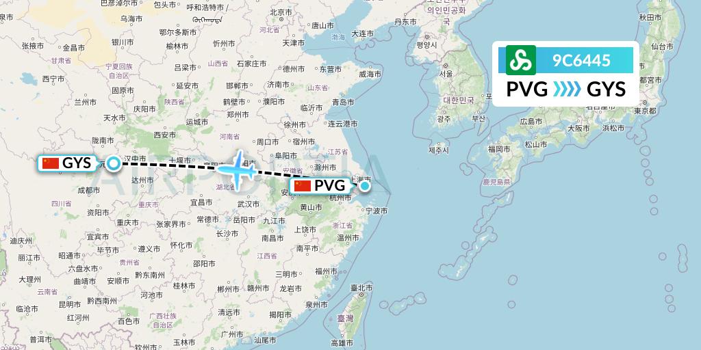 9C6445 Spring Airlines Flight Map: Shanghai to Guangyuan