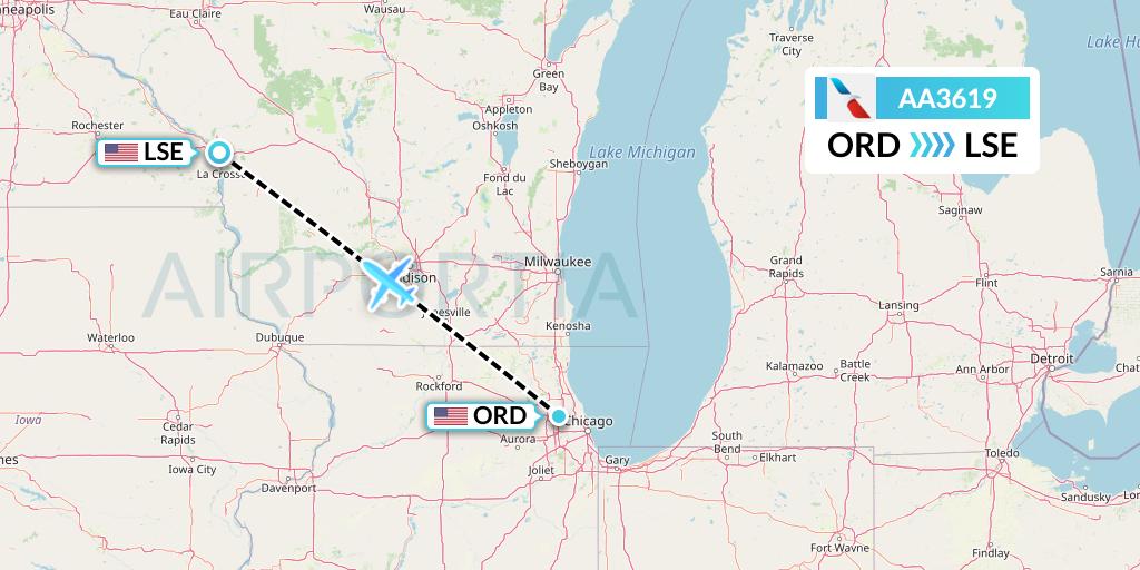 AA3619 American Airlines Flight Map: Chicago to La Crosse