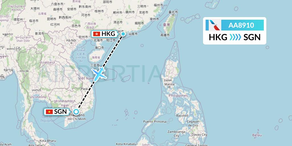 AA8910 American Airlines Flight Map: Hong Kong to Ho Chi Minh City