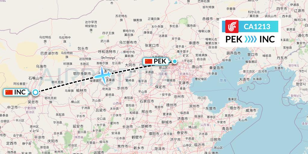 CA1213 Air China Flight Map: Beijing to Yinchuan