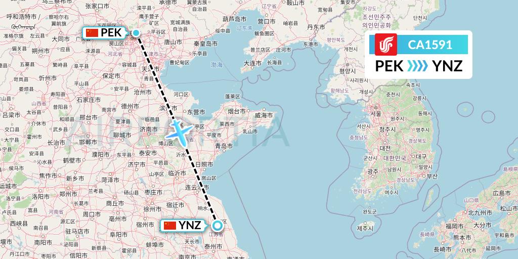 CA1591 Air China Flight Map: Beijing to Yancheng