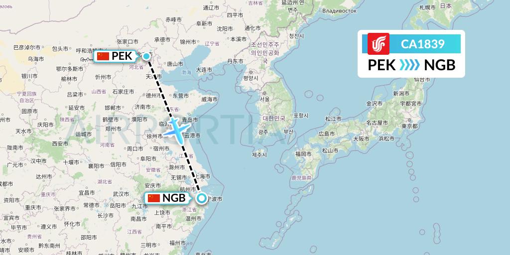 CA1839 Air China Flight Map: Beijing to Ningbo