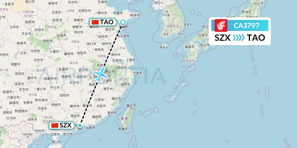 CA3797 Air China Flight Map: Shenzhen to Qingdao