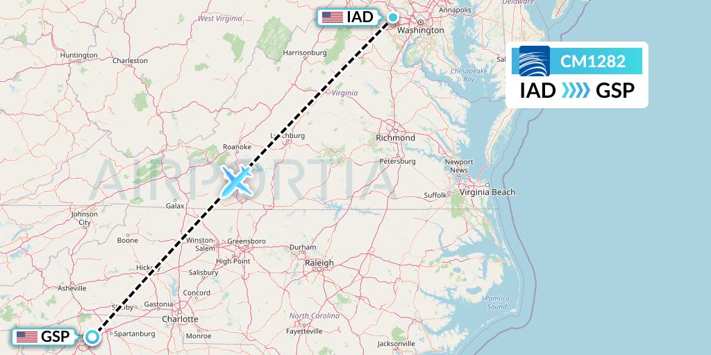 CM1282 Copa Airlines Flight Map: Washington to Greenville-Spartanburg