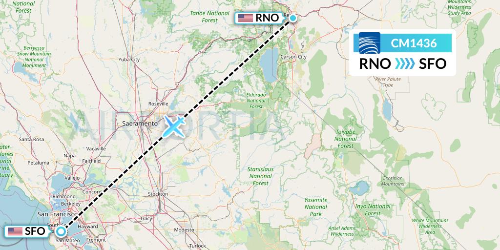 CM1436 Copa Airlines Flight Map: Reno to San Francisco