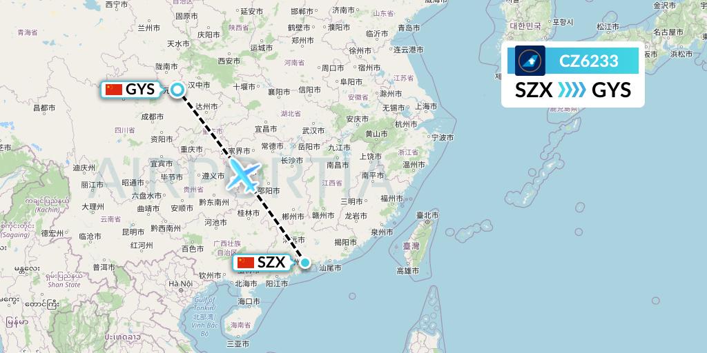 CZ6233 China Southern Airlines Flight Map: Shenzhen to Guangyuan