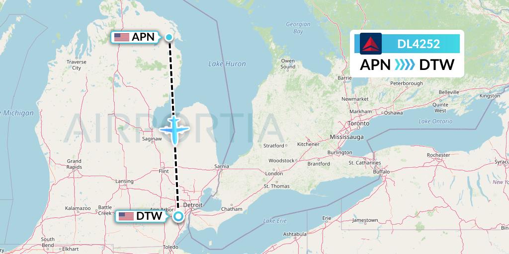 DL4252 Delta Air Lines Flight Map: Alpena to Detroit