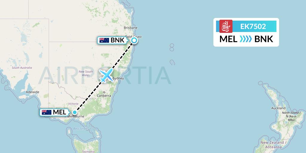 EK7502 Emirates Flight Map: Melbourne to Ballina