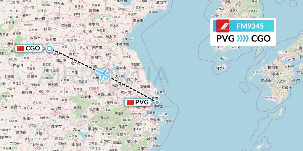 FM9345 Shanghai Airlines Flight Map: Shanghai to Zhengzhou