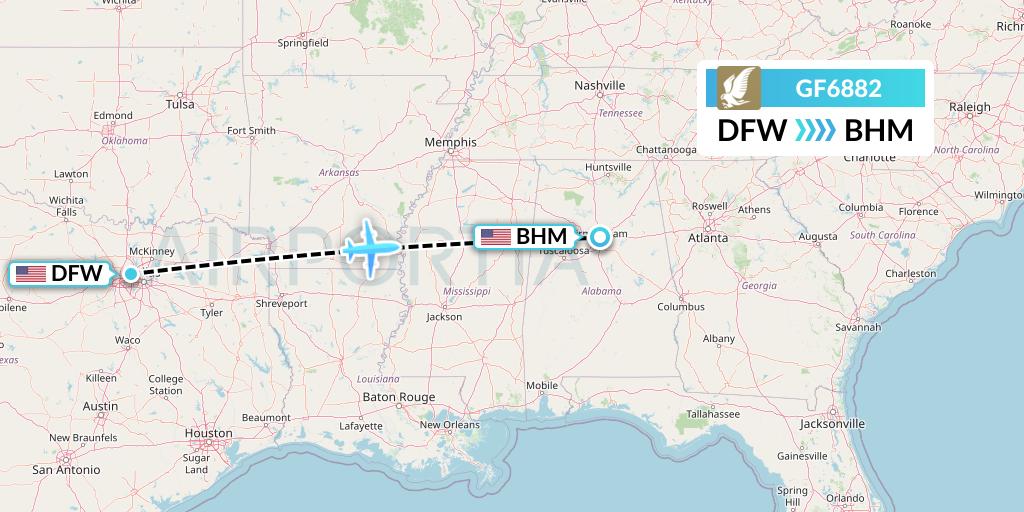 GF6882 Gulf Air Flight Map: Dallas to Birmingham