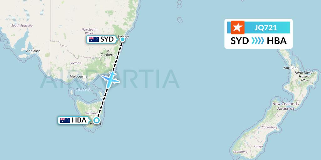 JQ721 Jetstar Airways Flight Map: Sydney to Hobart