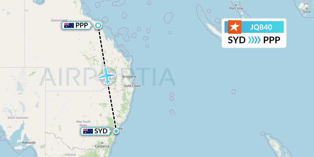 JQ840 Jetstar Airways Flight Map: Sydney to Proserpine
