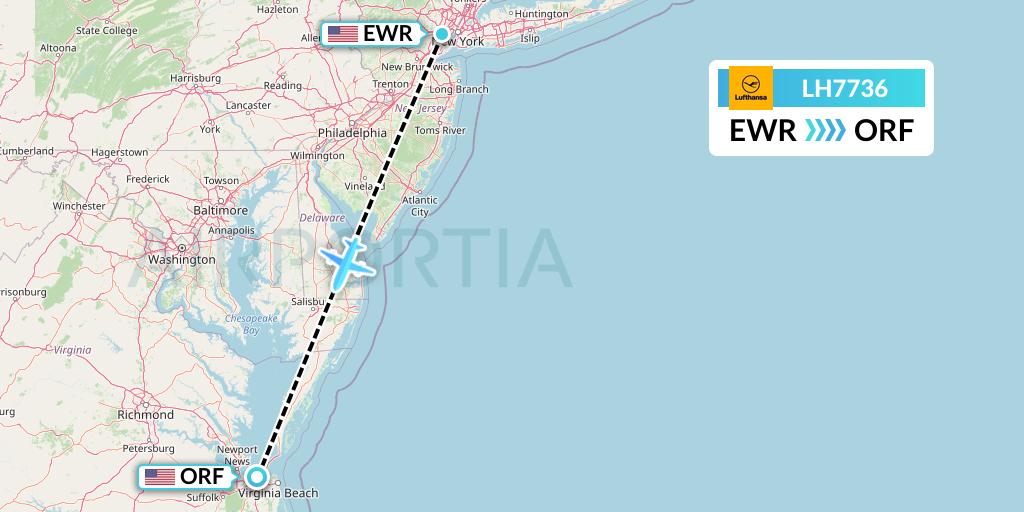 LH7736 Lufthansa Flight Map: New York to Norfolk