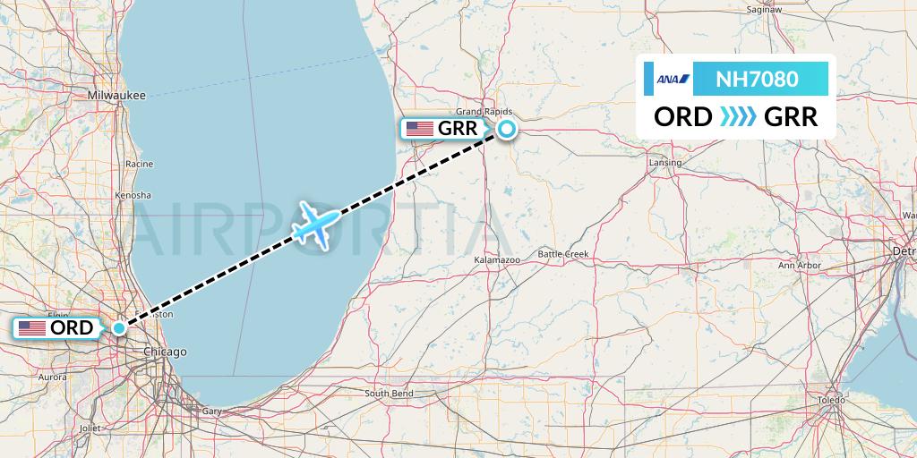 NH7080 All Nippon Airways Flight Map: Chicago to Grand Rapids