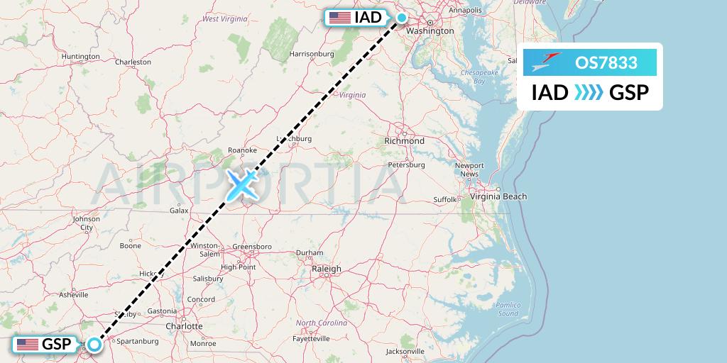 OS7833 Austrian Airlines Flight Map: Washington to Greenville-Spartanburg
