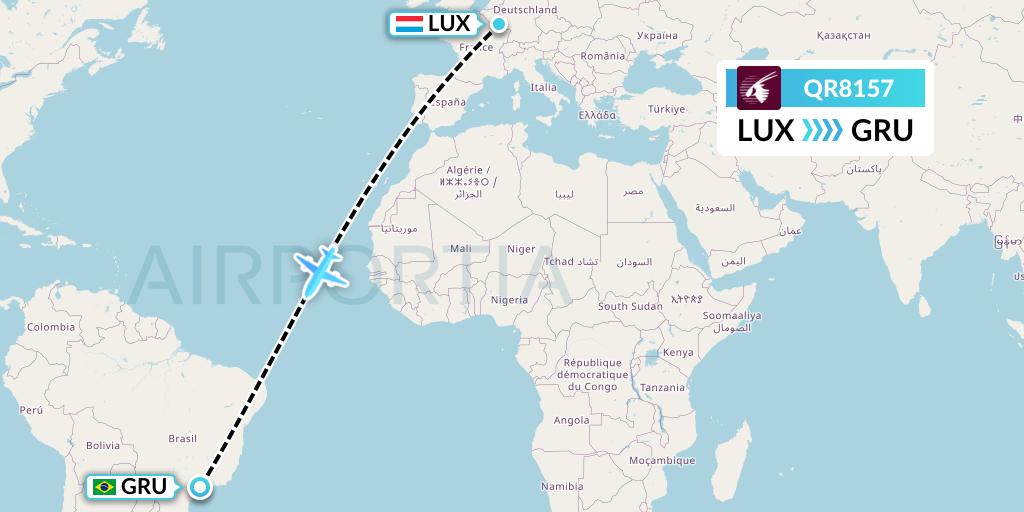 QR8157 Qatar Airways Flight Map: Luxembourg to Sao Paulo