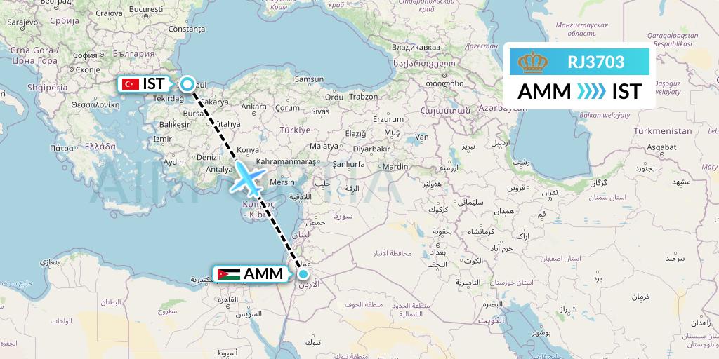 RJ3703 Royal Jordanian Flight Map: Amman to Istanbul
