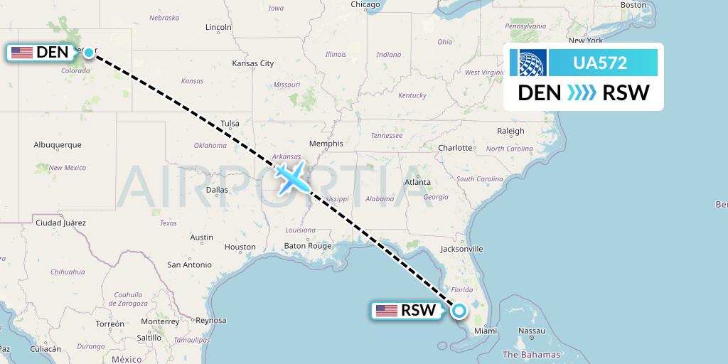 UA572 United Airlines Flight Map: Denver to Fort Myers