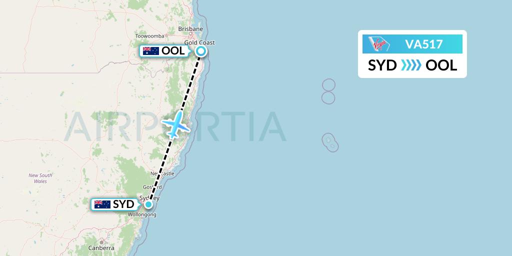 VA517 Virgin Australia Flight Map: Sydney to Gold Coast