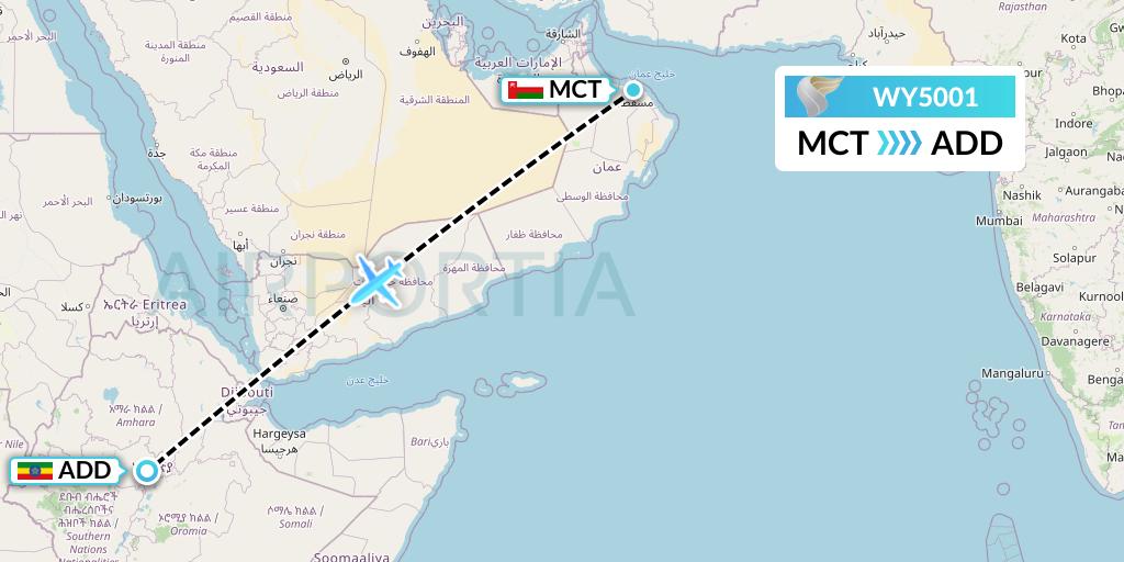 WY5001 Oman Air Flight Map: Muscat to Addis Ababa