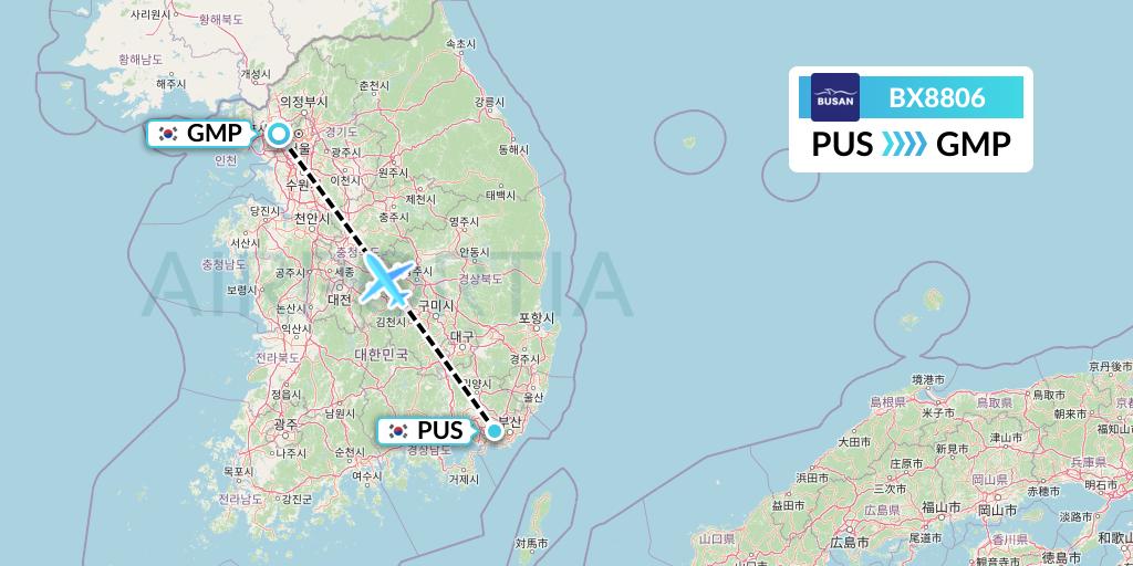 BX8806 Air Busan Flight Map: Busan to Seoul