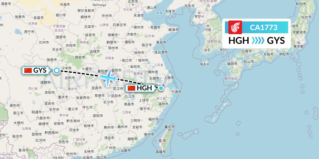 CA1773 Air China Flight Map: Hangzhou to Guangyuan