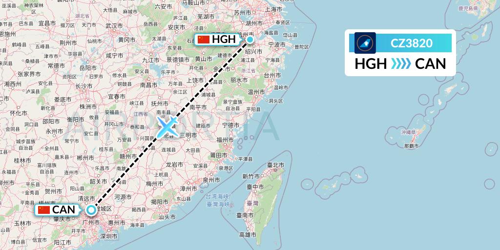 CZ3820 China Southern Airlines Flight Map: Hangzhou to Guangzhou