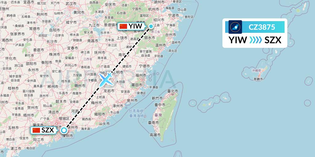 CZ3875 China Southern Airlines Flight Map: Yiwu to Shenzhen